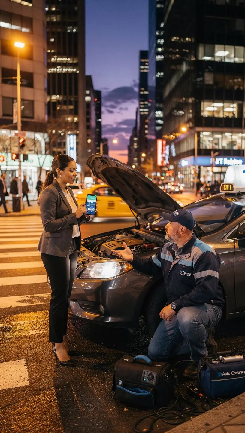 Служба помощи на дороге с механиком, работающим с автомобилем.