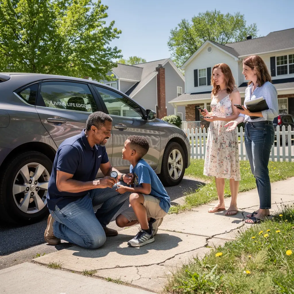 Изображение механика, помогающего водителю на обочине дороги.