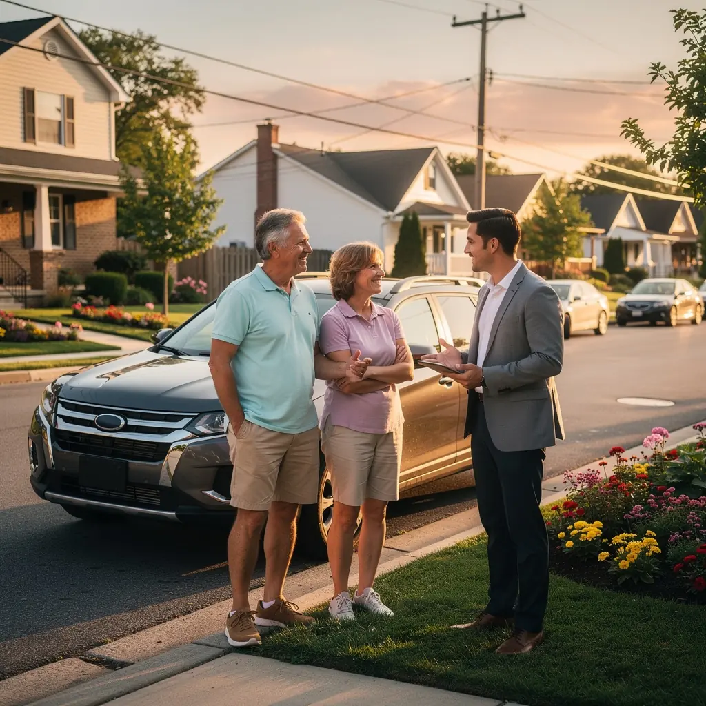 Страховой полис автомобиля с изображением машины на дороге.