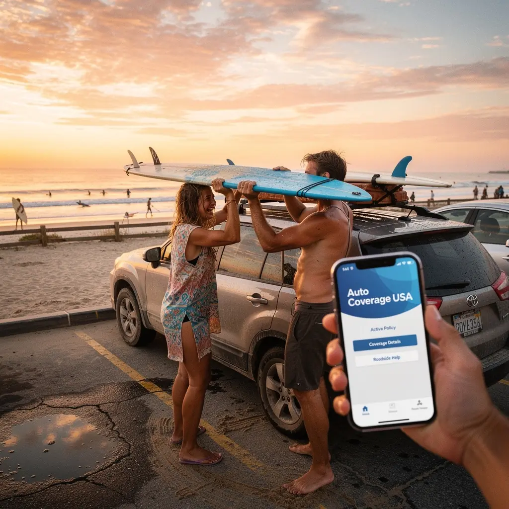 Страхование автомобиля с полным покрытием на фоне городской улицы.